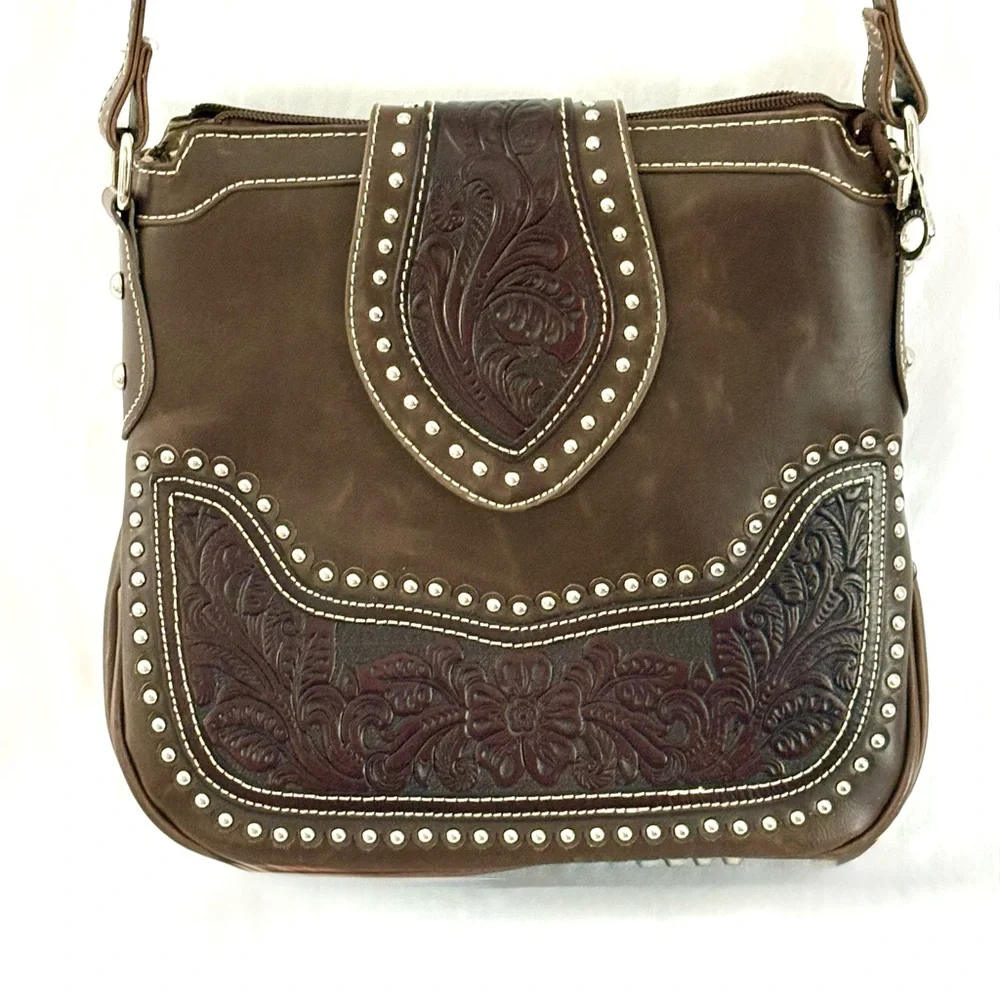 Montana West Western Style Tooled Leather And Studded Crossbody - Picture 2 of 15